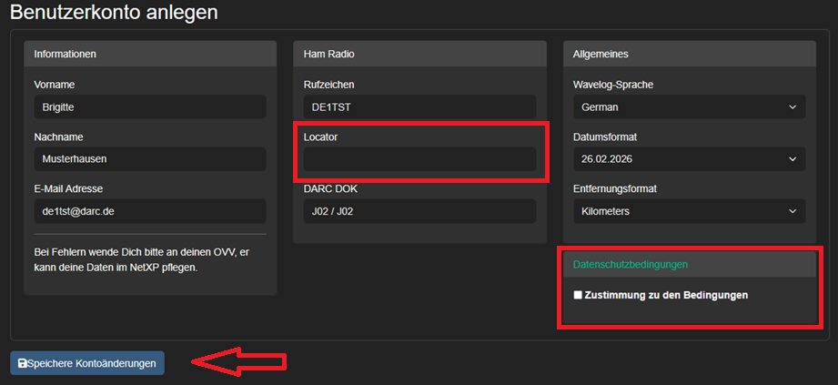 Ansicht der Registrierungsmaske