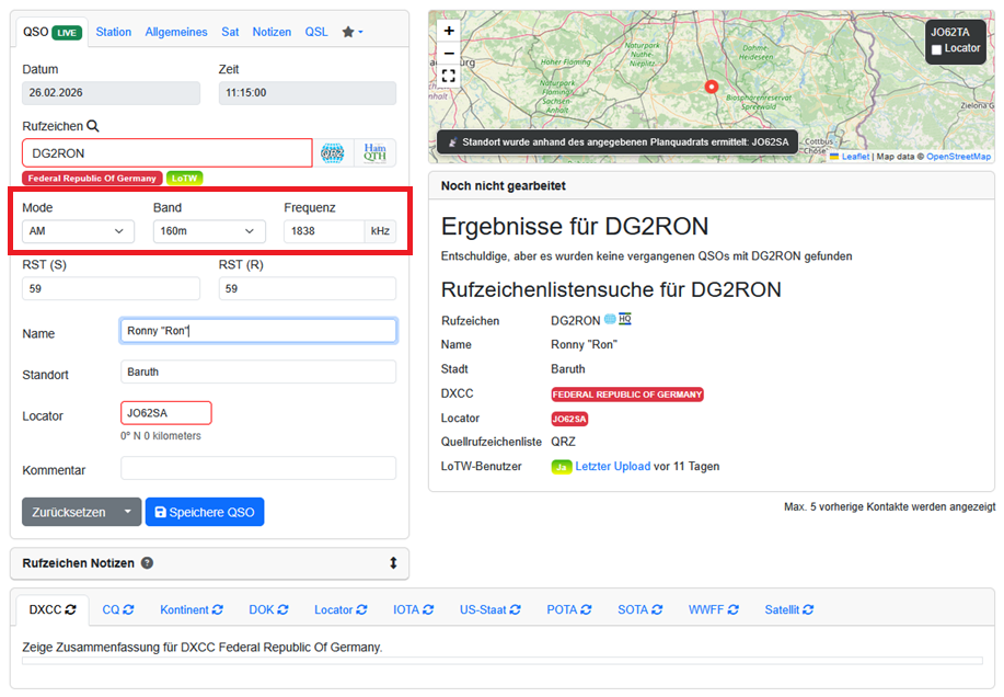 Ansicht der ausgefüllten Logmaske